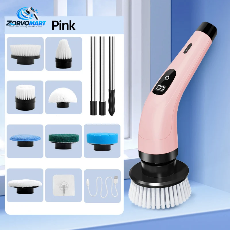 ZORVOMART™ 8-in-1 Electric Spin Scrubber Brush Set | Cordless Rechargeable Cleaning Brush with Extension Handle for Bathroom, Kitchen, Tile, Tub & Car