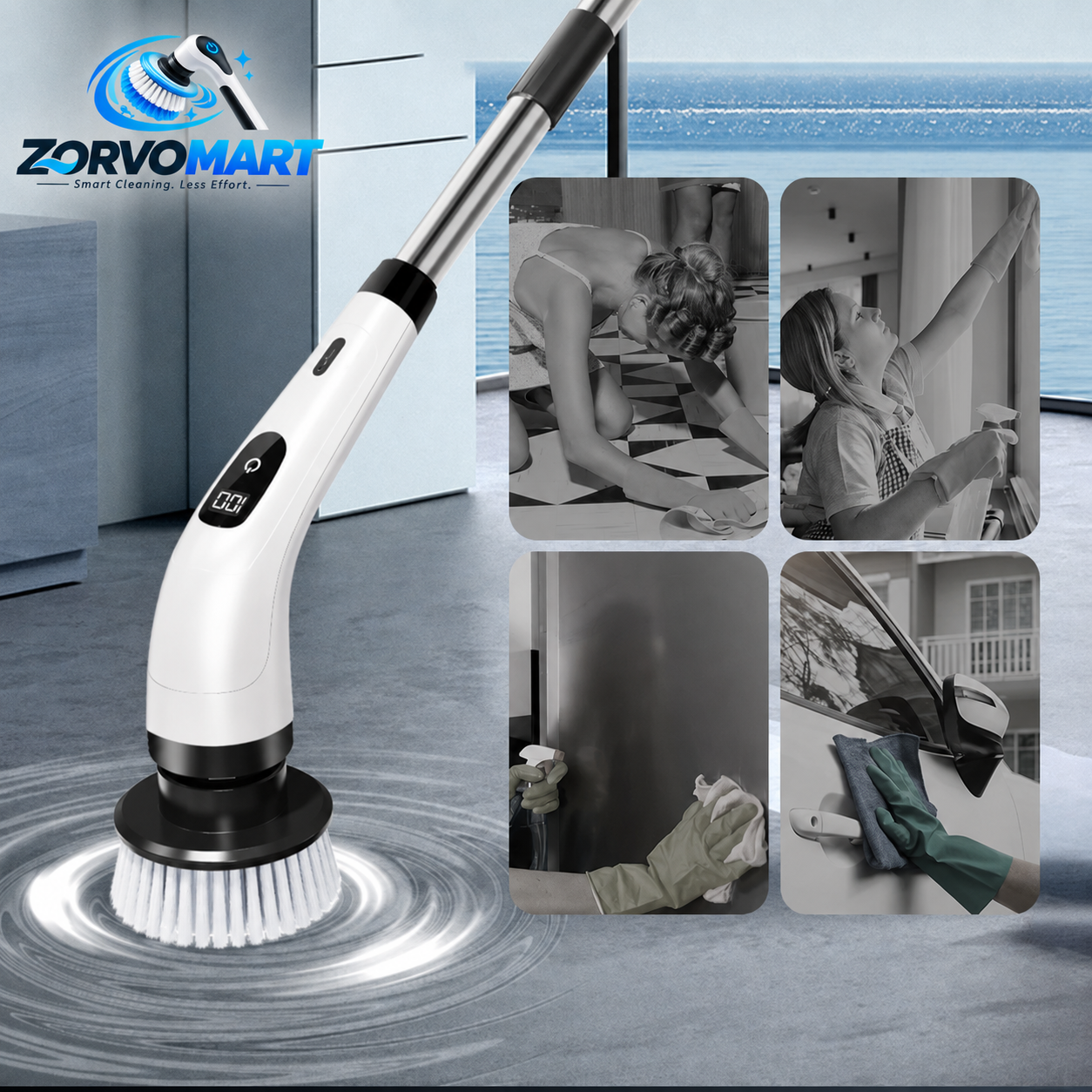 ZORVOMART™ 8-in-1 Electric Spin Scrubber Brush Set | Cordless Rechargeable Cleaning Brush with Extension Handle for Bathroom, Kitchen, Tile, Tub & Car