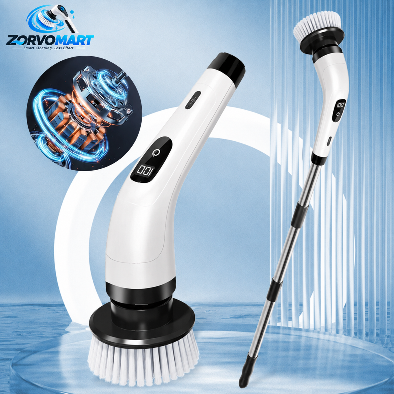 ZORVOMART™ 8-in-1 Electric Spin Scrubber Brush Set | Cordless Rechargeable Cleaning Brush with Extension Handle for Bathroom, Kitchen, Tile, Tub & Car
