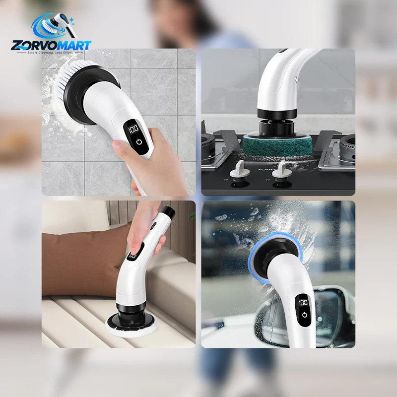 ZORVOMART™ 8-in-1 Electric Spin Scrubber Brush Set | Cordless Rechargeable Cleaning Brush with Extension Handle for Bathroom, Kitchen, Tile, Tub & Car