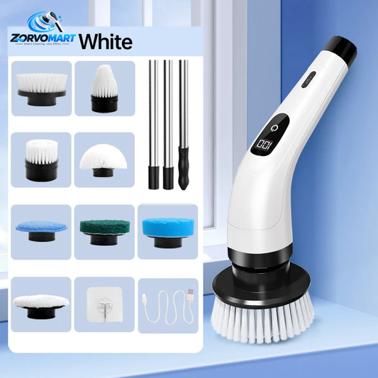 ZORVOMART™ 8-in-1 Electric Spin Scrubber Brush Set | Cordless Rechargeable Cleaning Brush with Extension Handle for Bathroom, Kitchen, Tile, Tub & Car
